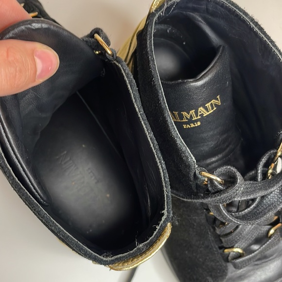 Balmain Black & Gold Lace Up High Top Sneakers 37 W 35 M Suede & Leather… - Picture 12 of 14